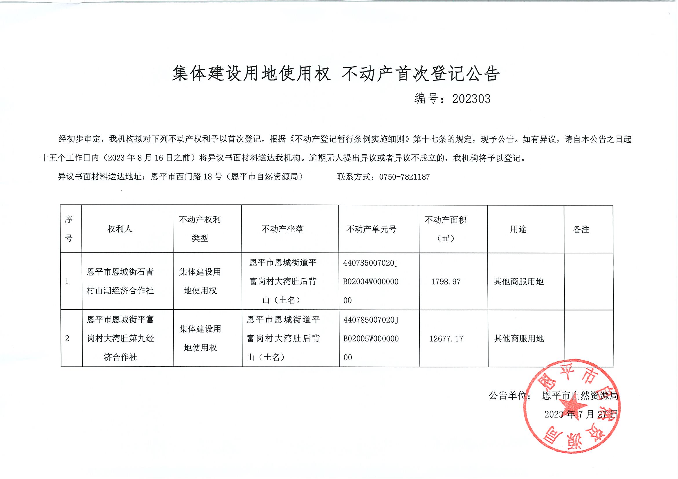 不动产首次登记公告 编号2023003-欧亚国际官网
恩城镇石青村山潮经济合作社、平富岗村大湾肚第九经济合作社.jpg