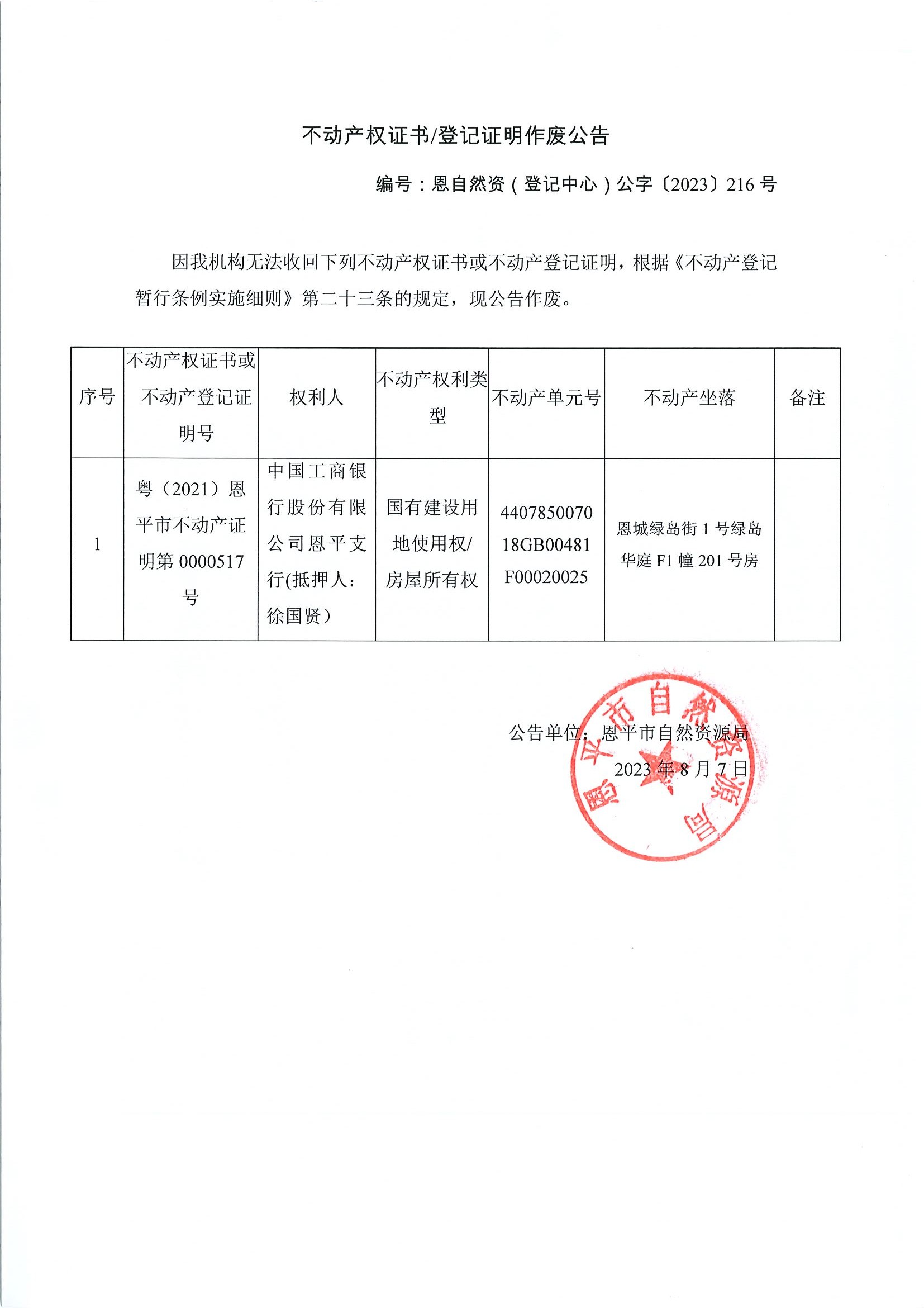 不动产权证书登记证明作废公告-恩自然资（登记中心）公字〔2023〕216号-中国工商银行股份有限公司欧亚国际支行（抵押人：徐国贤）.jpg