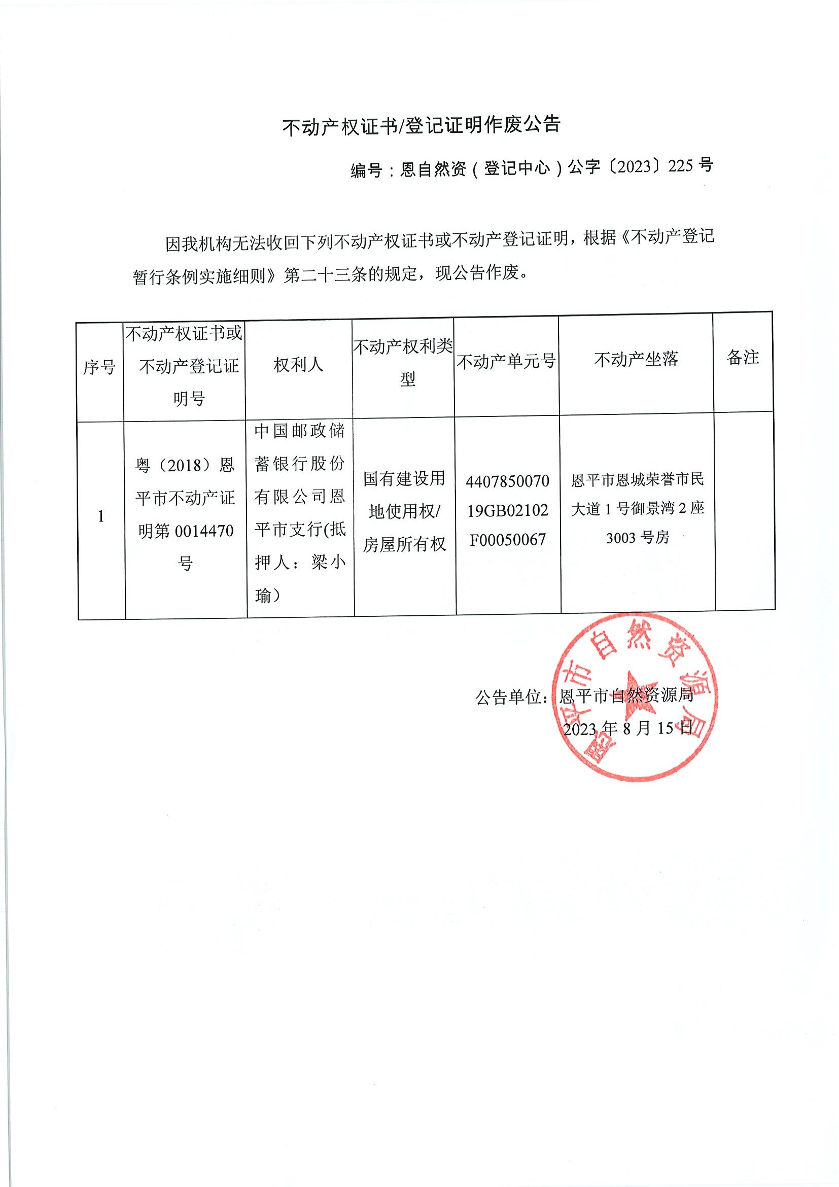 不动产权证书登记证明作废公告-恩自然资（登记中心）公字〔2023〕225号-中国邮政储蓄银行股份有限公司欧亚国际官网
支行（抵押人：梁小瑜）.jpg