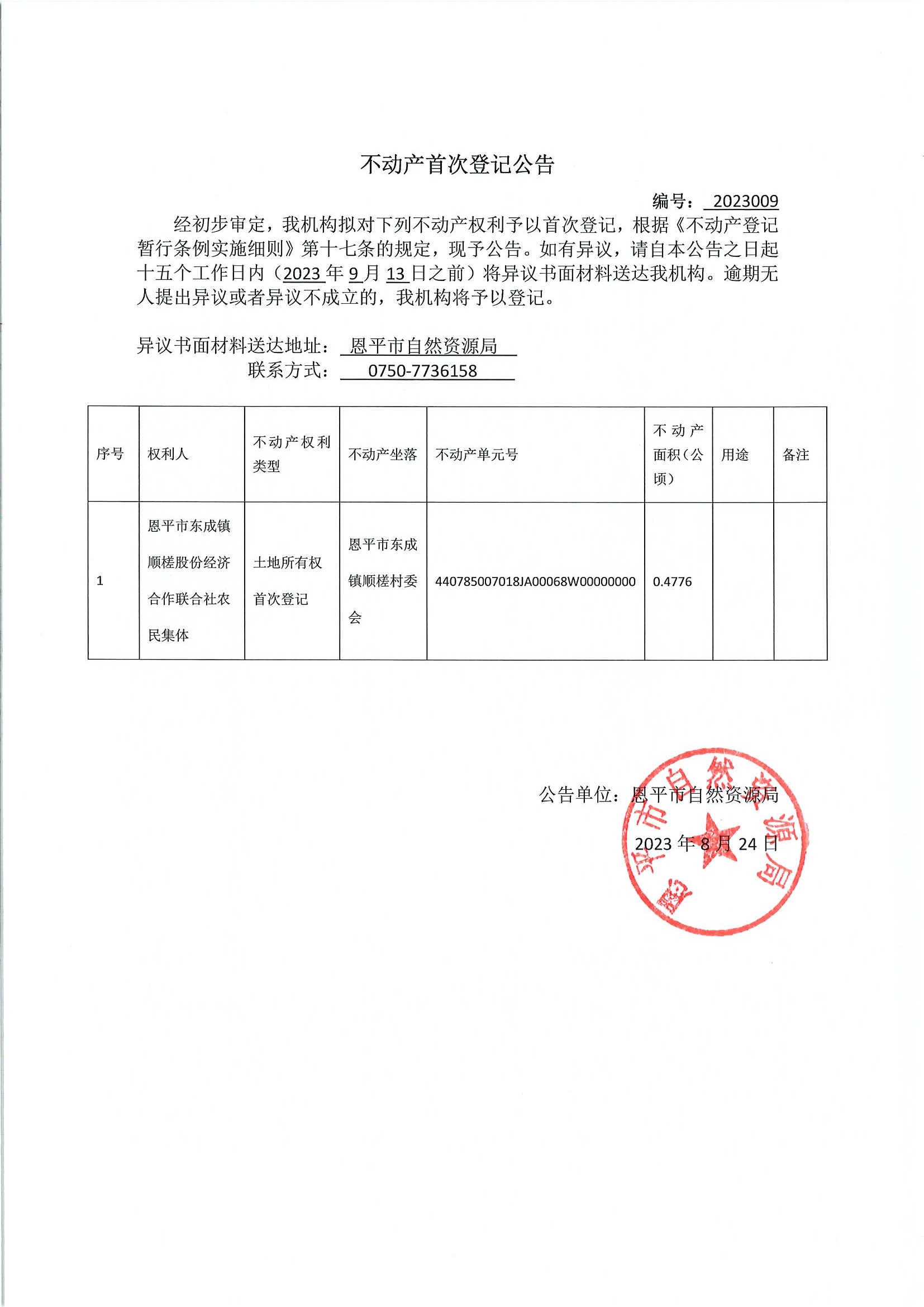 不动产首次登记公告 编号2023009 欧亚国际官网
东成镇顺槎股份经济合作社联合社农民集体.jpg