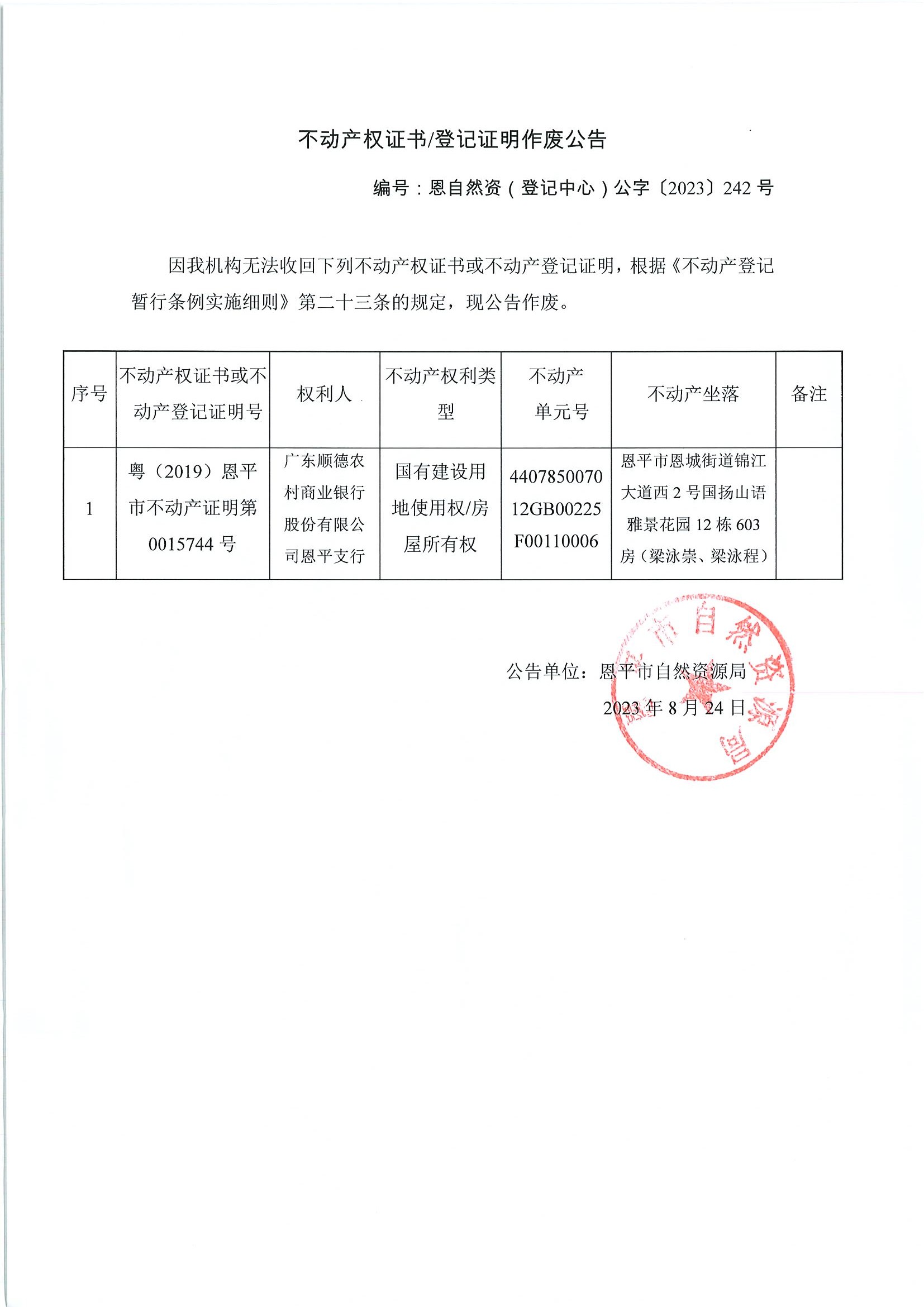 不动产权证书登记证明作废公告-恩自然资（登记中心）公字〔2023〕242号-广东顺德农村商业银行股份有限公司欧亚国际支行.jpg