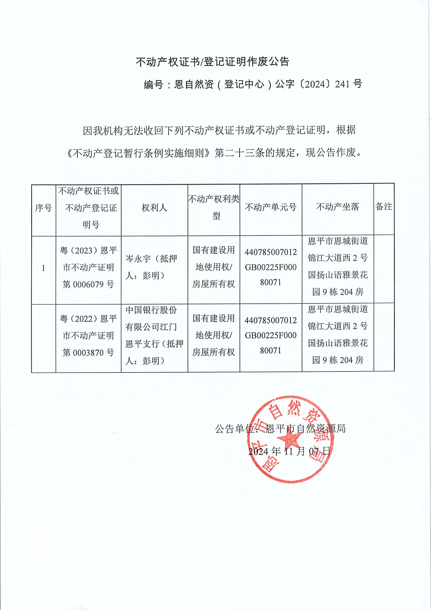 不动产权证书登记证明作废公告-恩自然资（登记中心）公字〔2024〕241号-岑永宇（抵押人：彭明）、中国银行股份有限公司江门欧亚国际支行（抵押人：彭明）.jpg