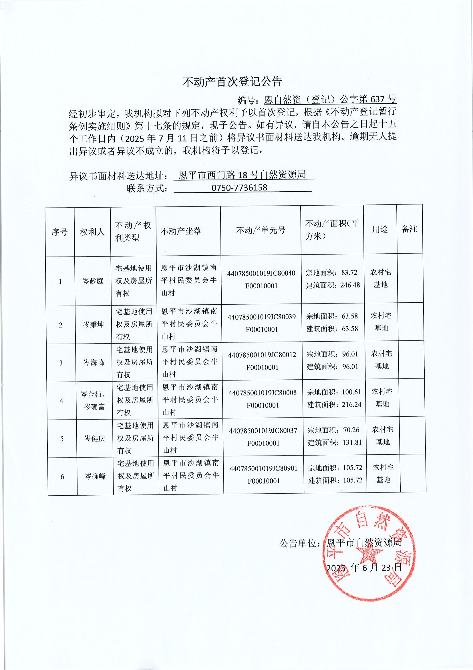 不动产首次登记公告-恩自然资（登记）公字第637号-欧亚国际官网
沙湖镇南平村民委员会牛山村.jpg